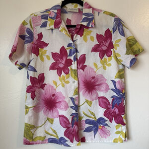 Vintage Lemon Grass Short Sleeve Linen Floral Print Button Up Shirt Size Small
